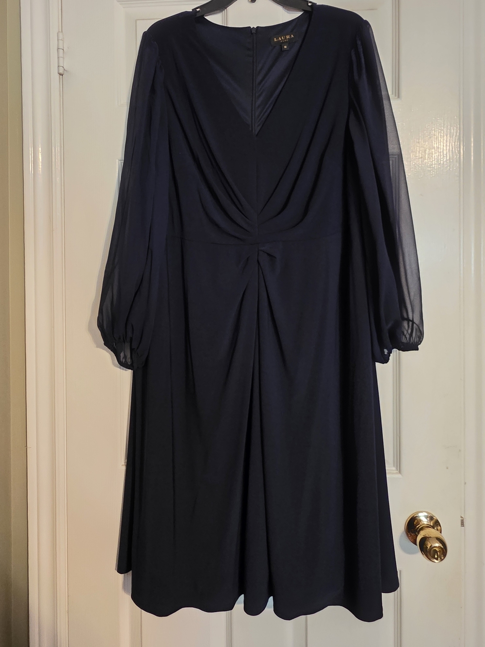 Laura Navy Long Sleeve V-Neck Midi Dress with Sheer Sleeves